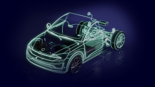 Eine grafische Darstellung der vorderen Hälfte eines Fahrzeugs vor einem dunkelblauen und schwarzen Hintergrund, die das Prinzip der Frontloading-Konstruktion für die technologische Entwicklung von AV und ADAS veranschaulicht.